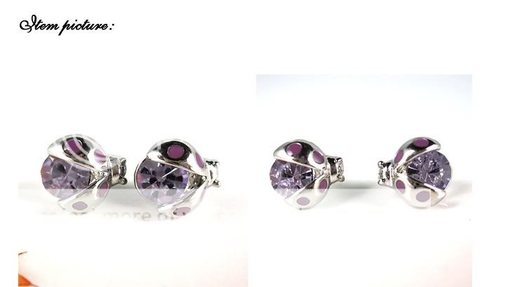 14K white GP Purple swarovski cz cubic zirconia ladybug ear stud 